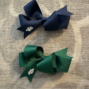 Hair Bows Navy & Green w paw print rhinestone embellishments